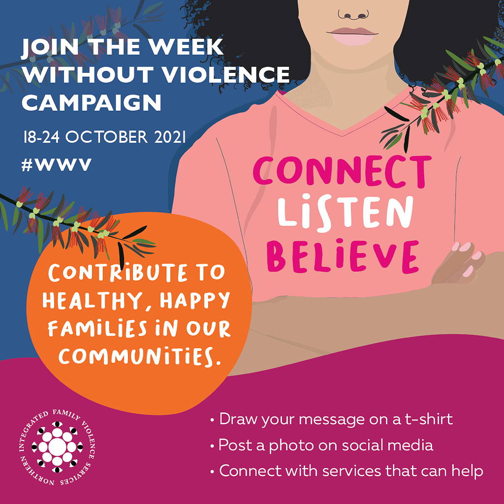 Week Without Violence messages and image of a woman wearing a t-shirt that says Connect, Listen, Believe.