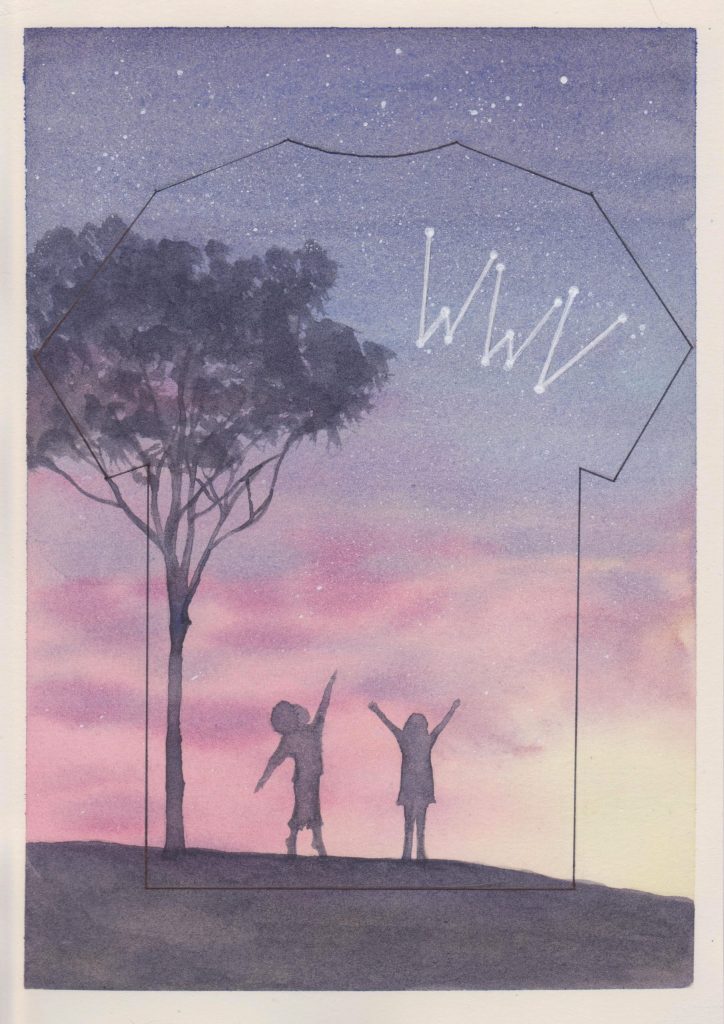 Week Without Violence Clothesline Project T-shirt watercolour. Two children, standing under a tree reach towards the sky filled with a pink sunset and underneath the letters WWV.