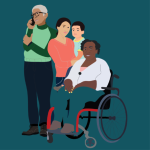 Illustration of victim survivors, including a woman with a child and a woman in a wheelchair.